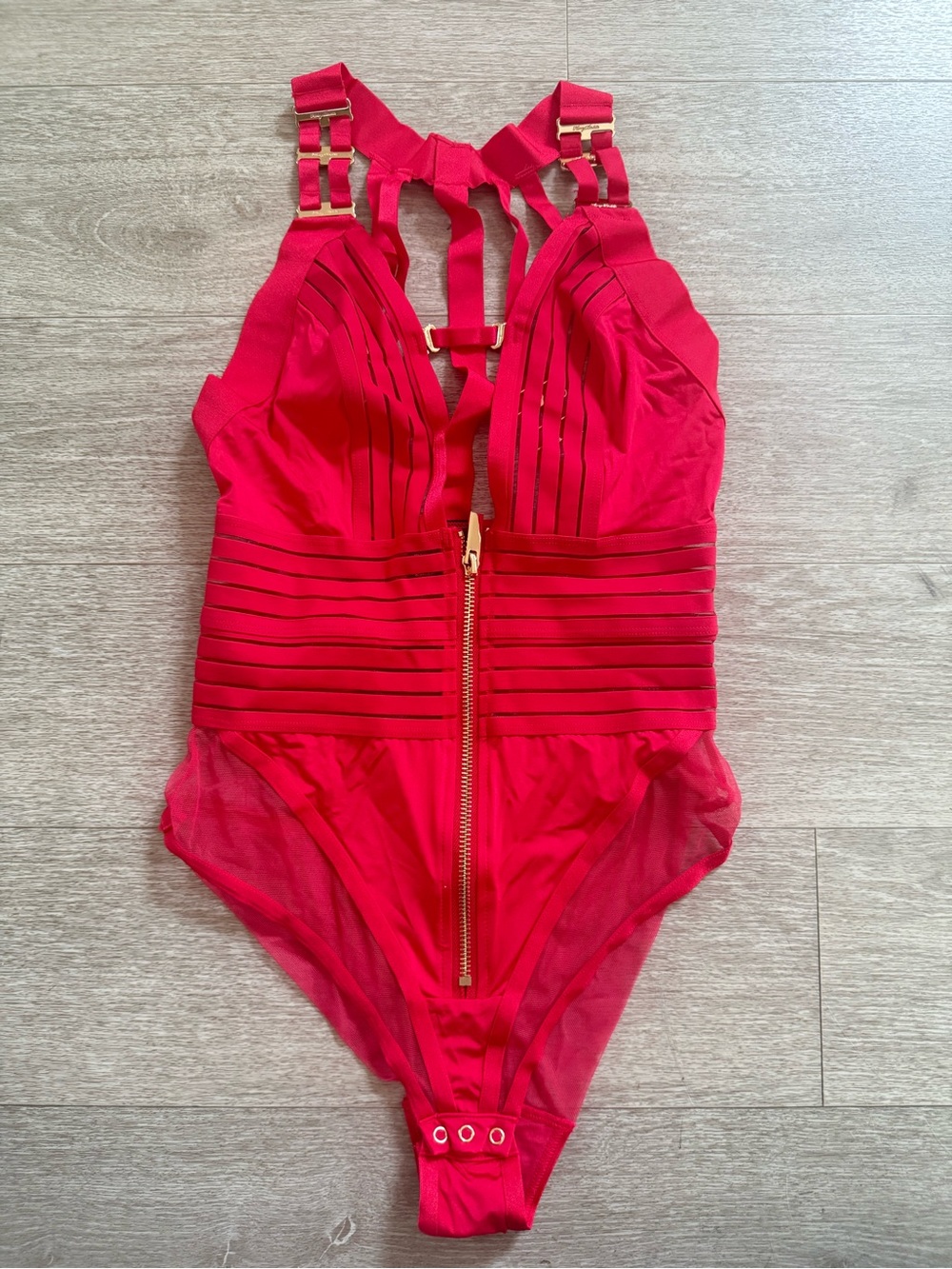 Honey Birdette Red Bandage Strappy Bodysuit Size S Gold Hardware